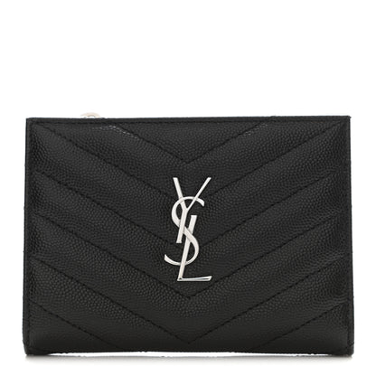 Saint Laurent Grain De Poudre Matelasse Chevron Monogram Zipped Two-Part Wallet Black 2 of 16