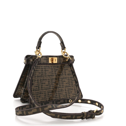 Fendi Fabric Jacquard Paillettes Vitello Seta FF 1974 Petite Peekaboo I SEE U Satchel Tobacco Moro 3 of 12