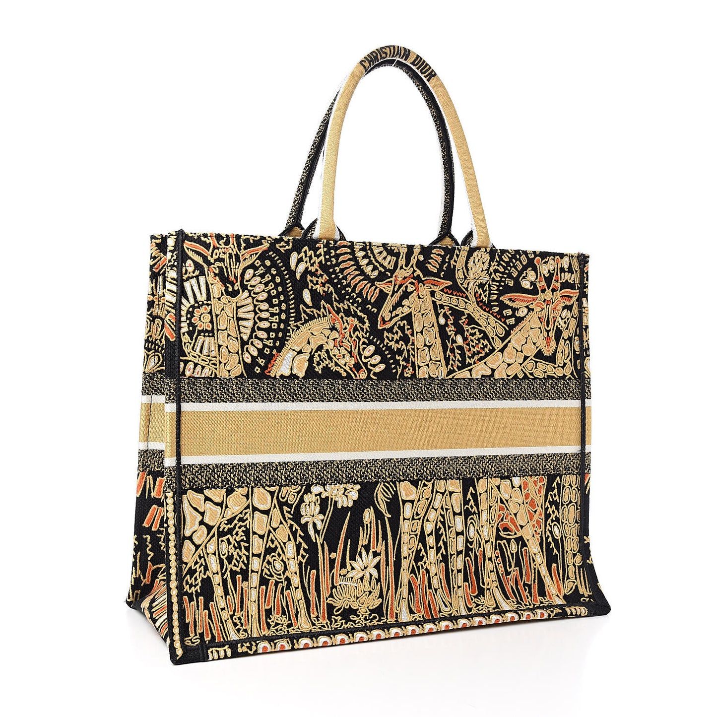 Canvas Embroidered Dior Animals Giraffe Book Tote Yellow Multicolor