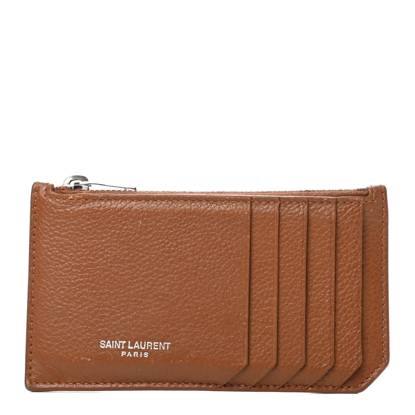 Grained Calfskin 5 Fragments Zip Pouch Card Holder Brown Gold