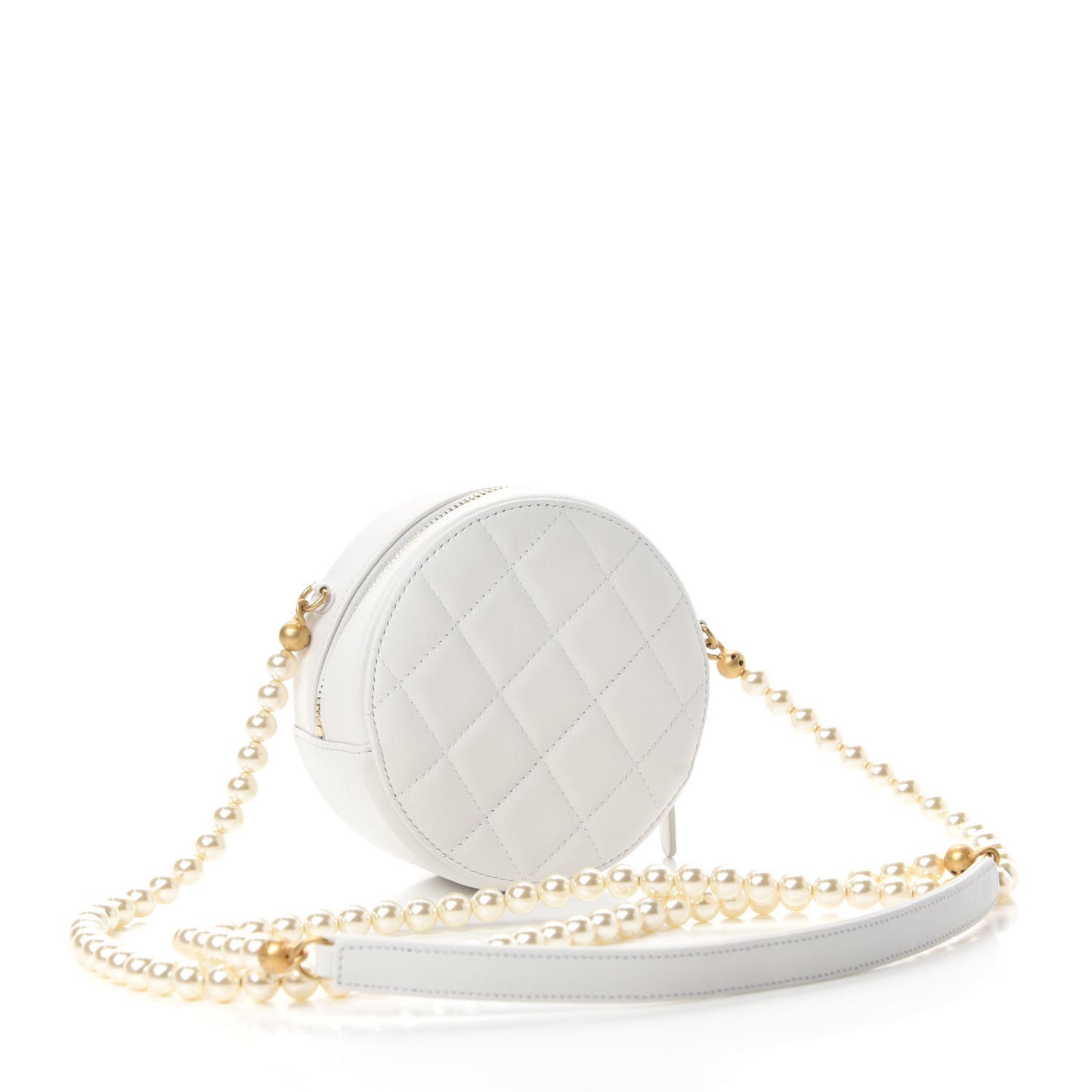 Calfskin Quilted About Pearls Round Clutch With Chain White