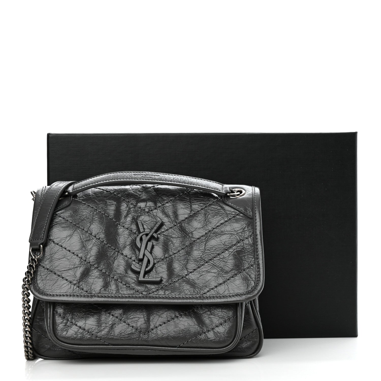 Saint Laurent Crinkled Calfskin Matelasse Monogram Baby Niki Chain Satchel Storm 11 of 11
