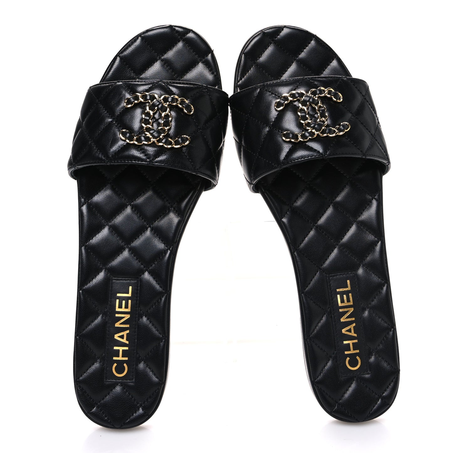 Shiny Goatskin Quilted CC Mules Sandals 40 Black
