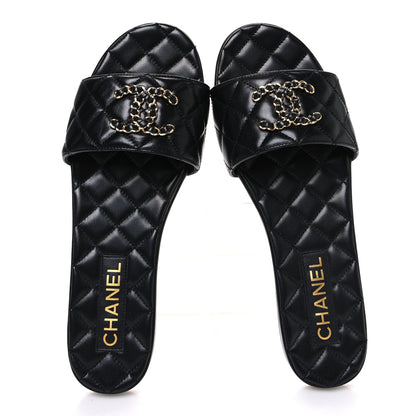 Chanel Shiny Goatskin Quilted CC Mules Sandals 40 Black 2 of 11