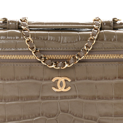 Chanel Calfskin Crocodile Embossed Top Handle Trapeze Small Vanity Case With Chain Dark Khaki 7 of 10