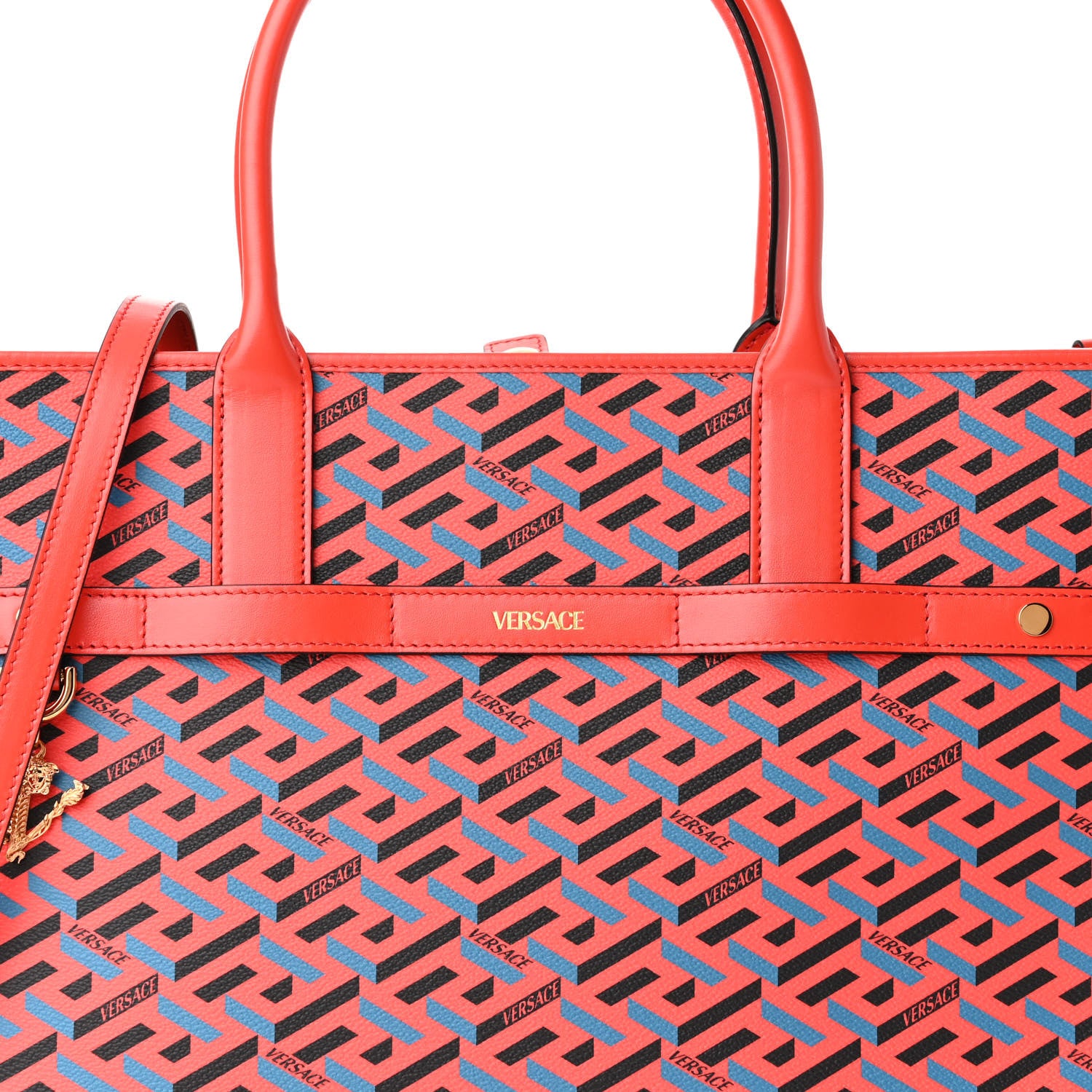 Versace Coated Canvas Calfskin La Greca Signature Tote Bag Blue Red 7 of 9