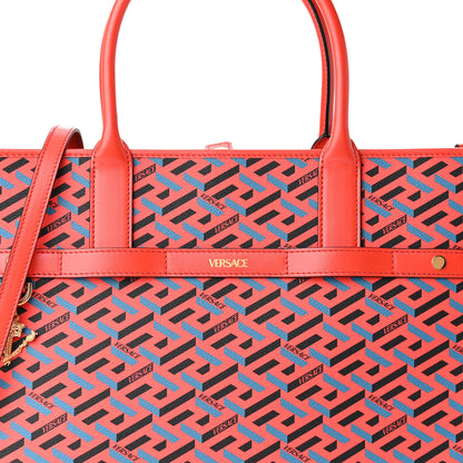 Versace Coated Canvas Calfskin La Greca Signature Tote Bag Blue Red 7 of 9