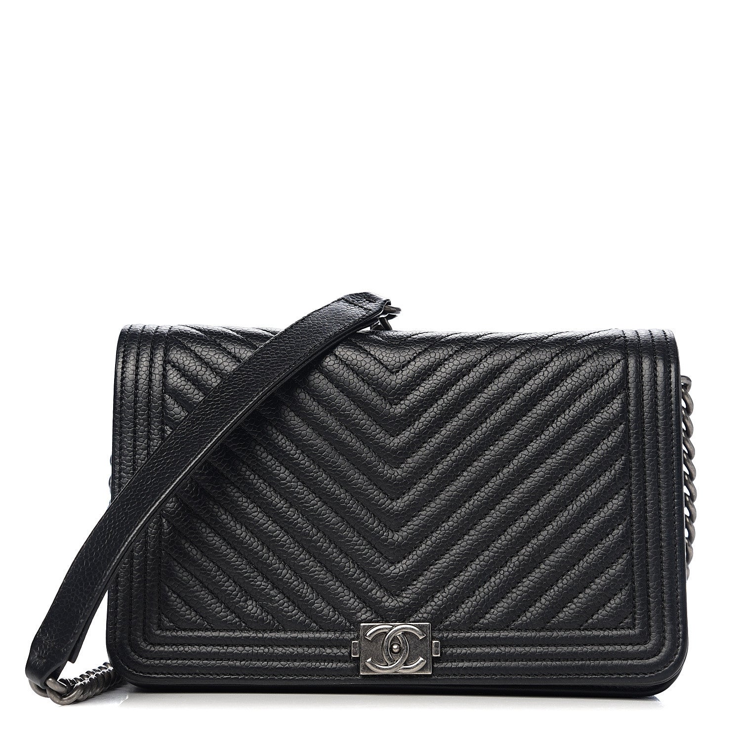 Chanel Grained Calfskin Chevron Quilted Boy Wallet On Chain WOC Black 1 of 14