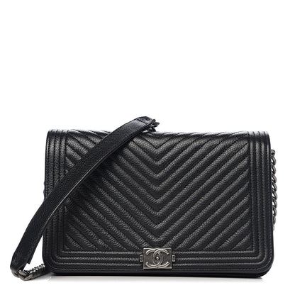 Chanel Grained Calfskin Chevron Quilted Boy Wallet On Chain WOC Black 1 of 14