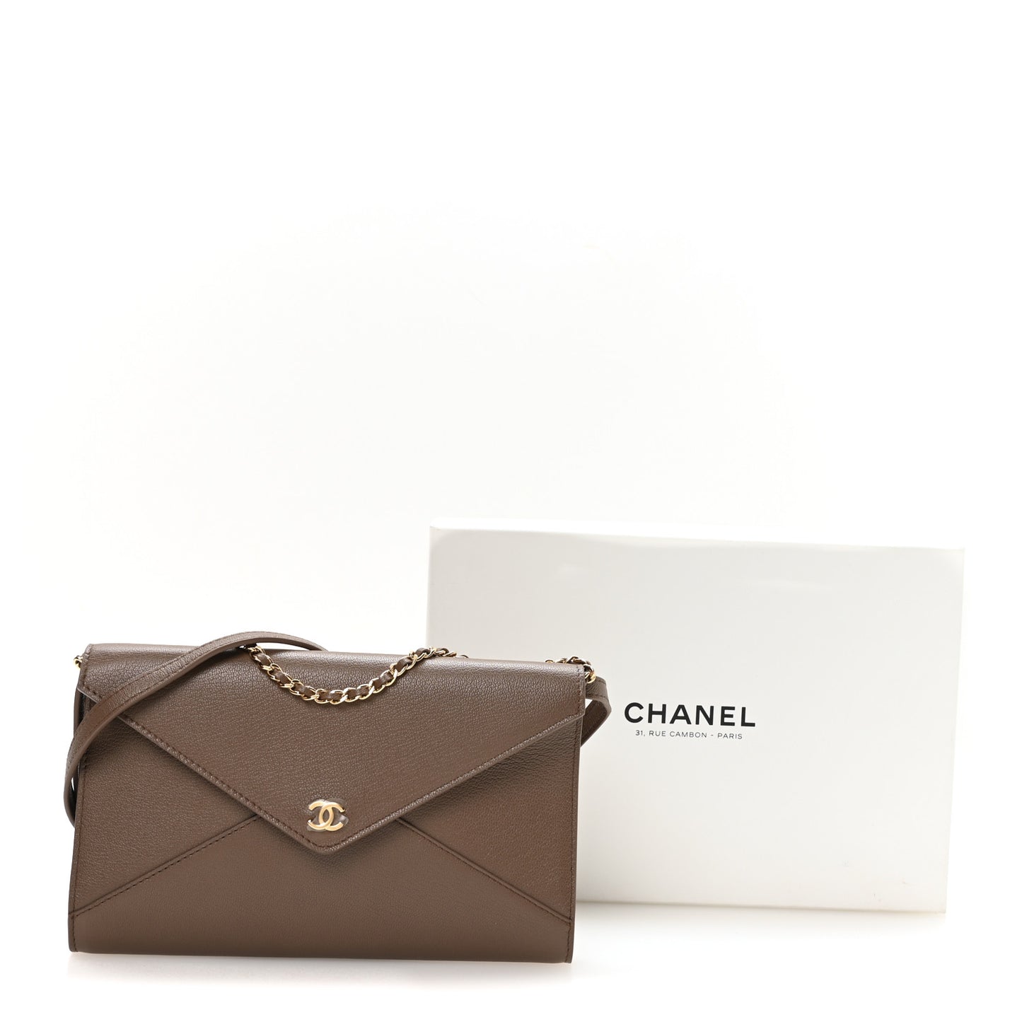 Grained Goatskin CC Express Clutch With Chain  Light Brown