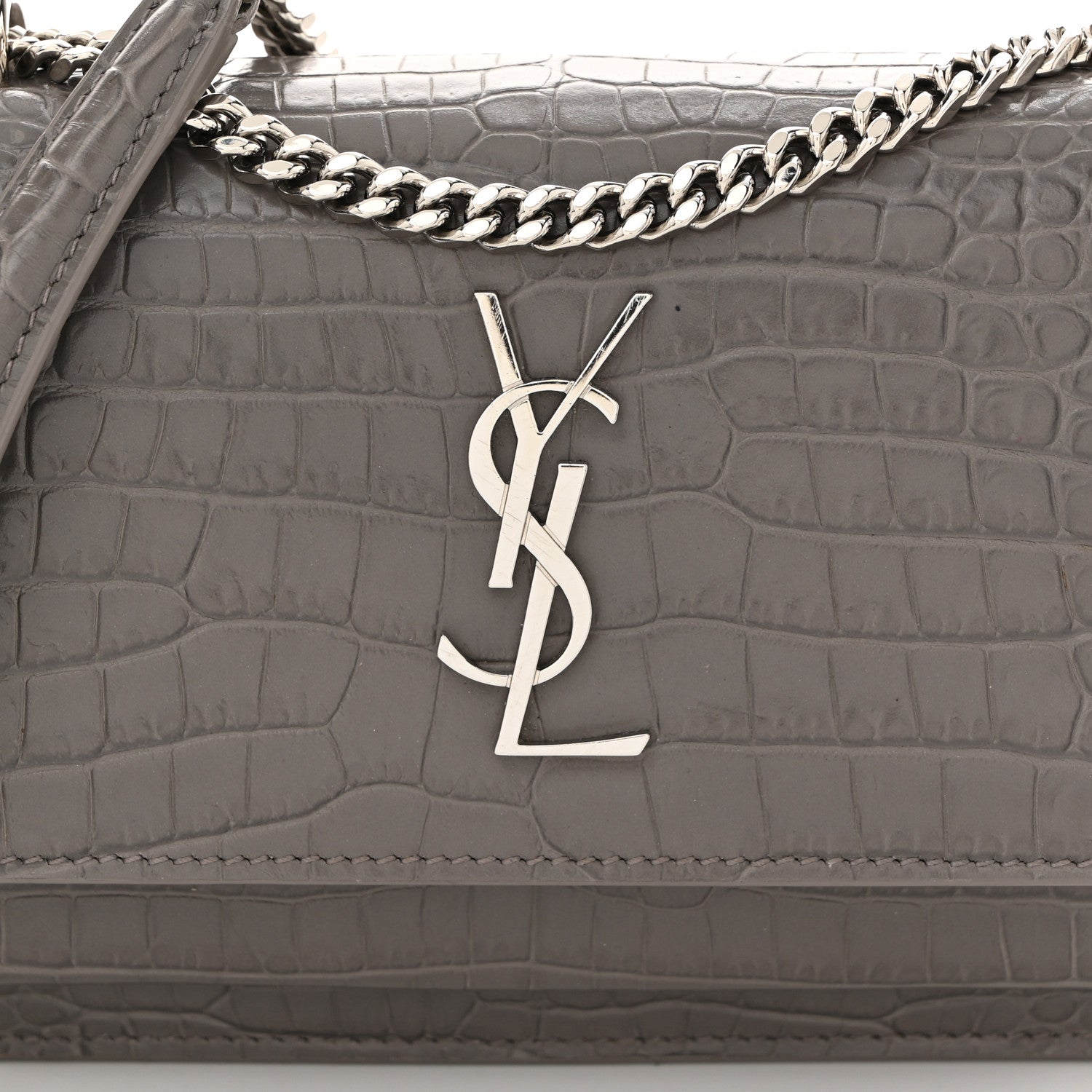Saint Laurent Calfskin Crocodile Embossed Monogram Sunset Chain Wallet Fog 7 of 9