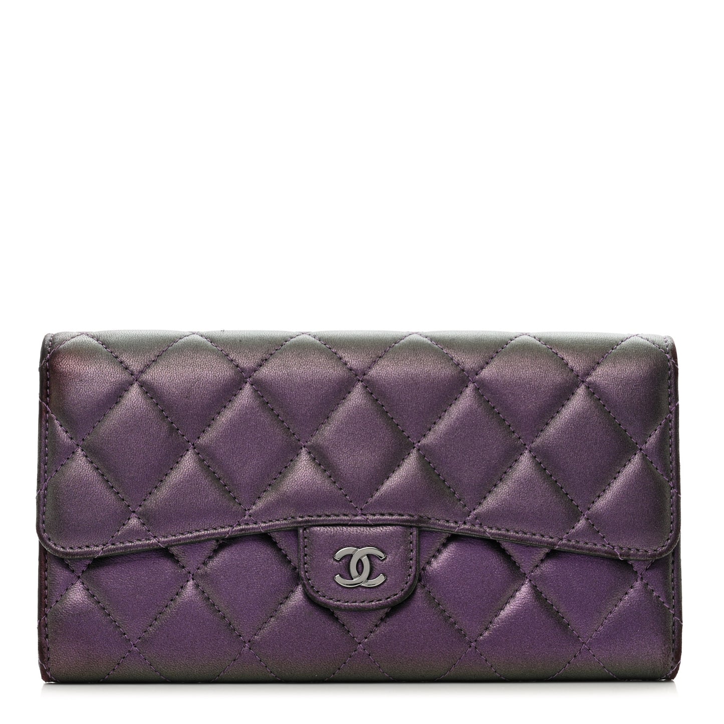 Iridescent Lambskin Quilted Large Gusset Flap Wallet Purple