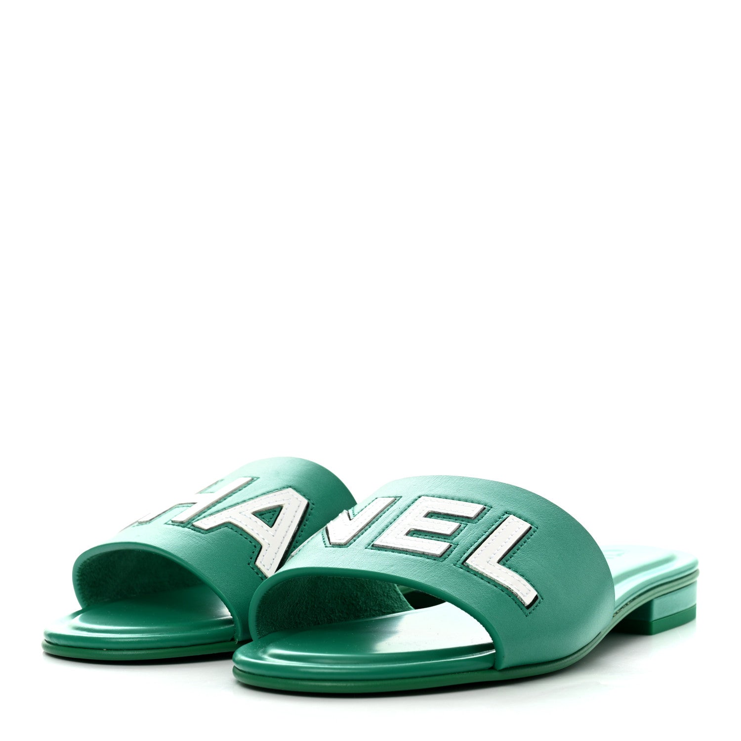Chanel Calfskin Patent Calfskin Logo Mules 35 Green White 3 of 8