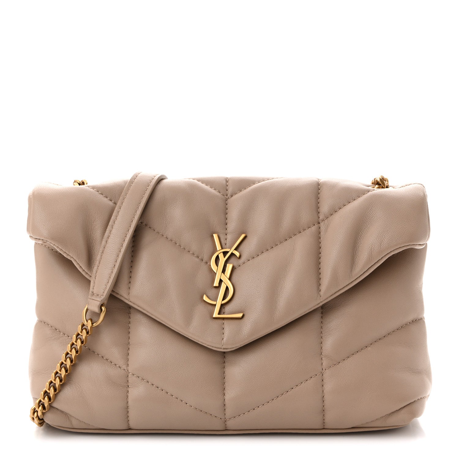Saint Laurent Lambskin Quilted Toy Loulou Puffer Monogram Chain Satchel Dark Beige 1 of 10