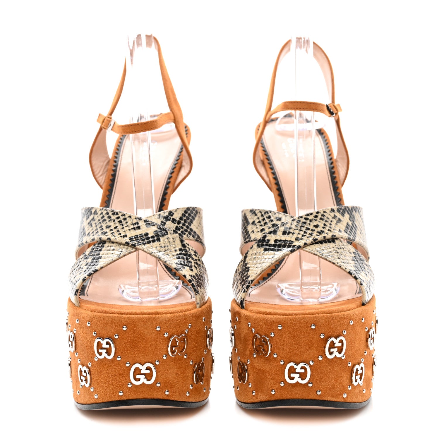 Gucci Malaga Kid Suede Snakeskin Interlocking G Studs 155mm Platform Sandals 40 Beige Cognac 2 of 7