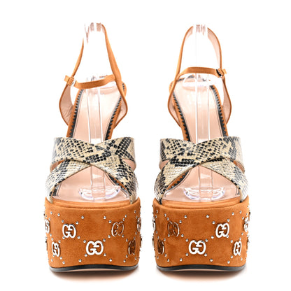 Gucci Malaga Kid Suede Snakeskin Interlocking G Studs 155mm Platform Sandals 40 Beige Cognac 2 of 7
