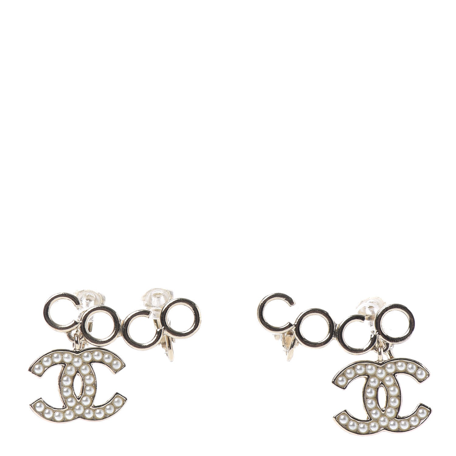 Chanel Metal Pearl CC Coco Climber Clip On Earrings Gold 1 of 4