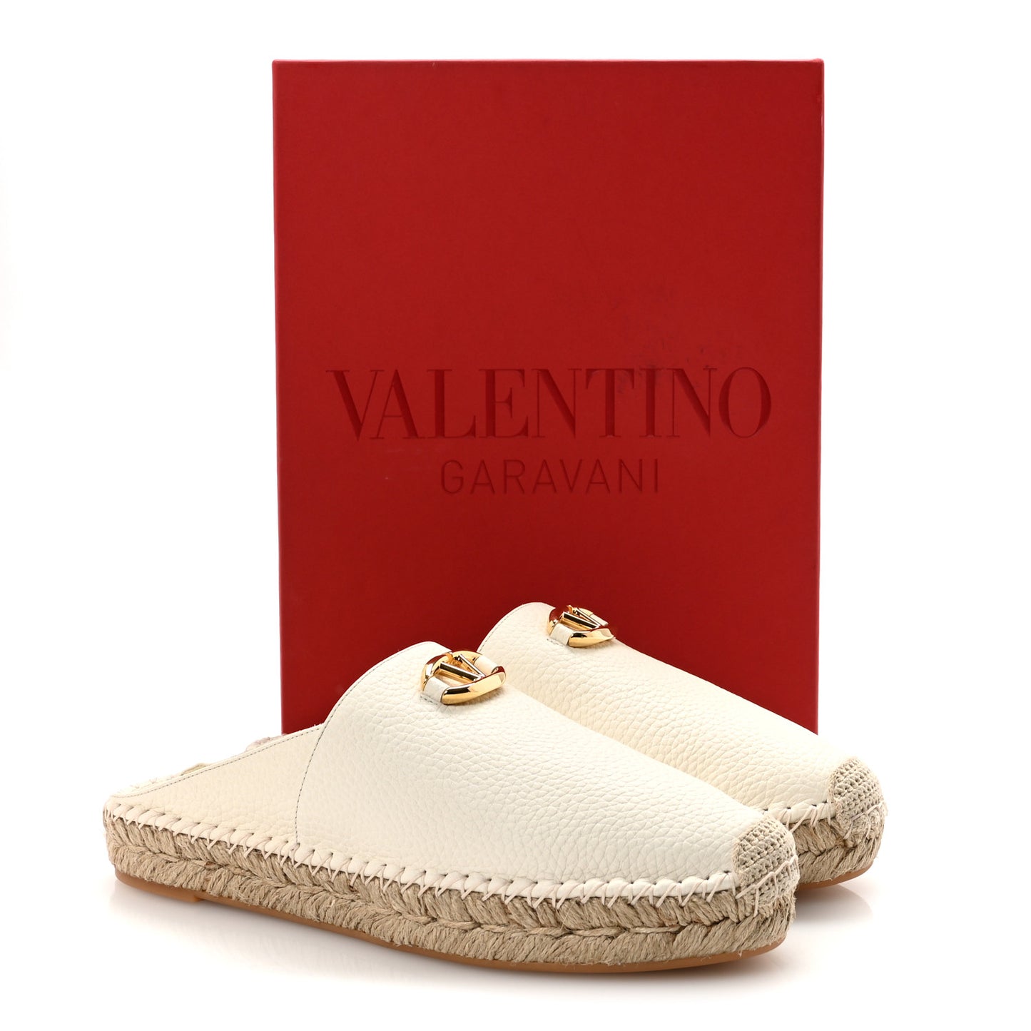 Pebbled Calfskin Vlogo Espadrille Mules 38 Light Ivory