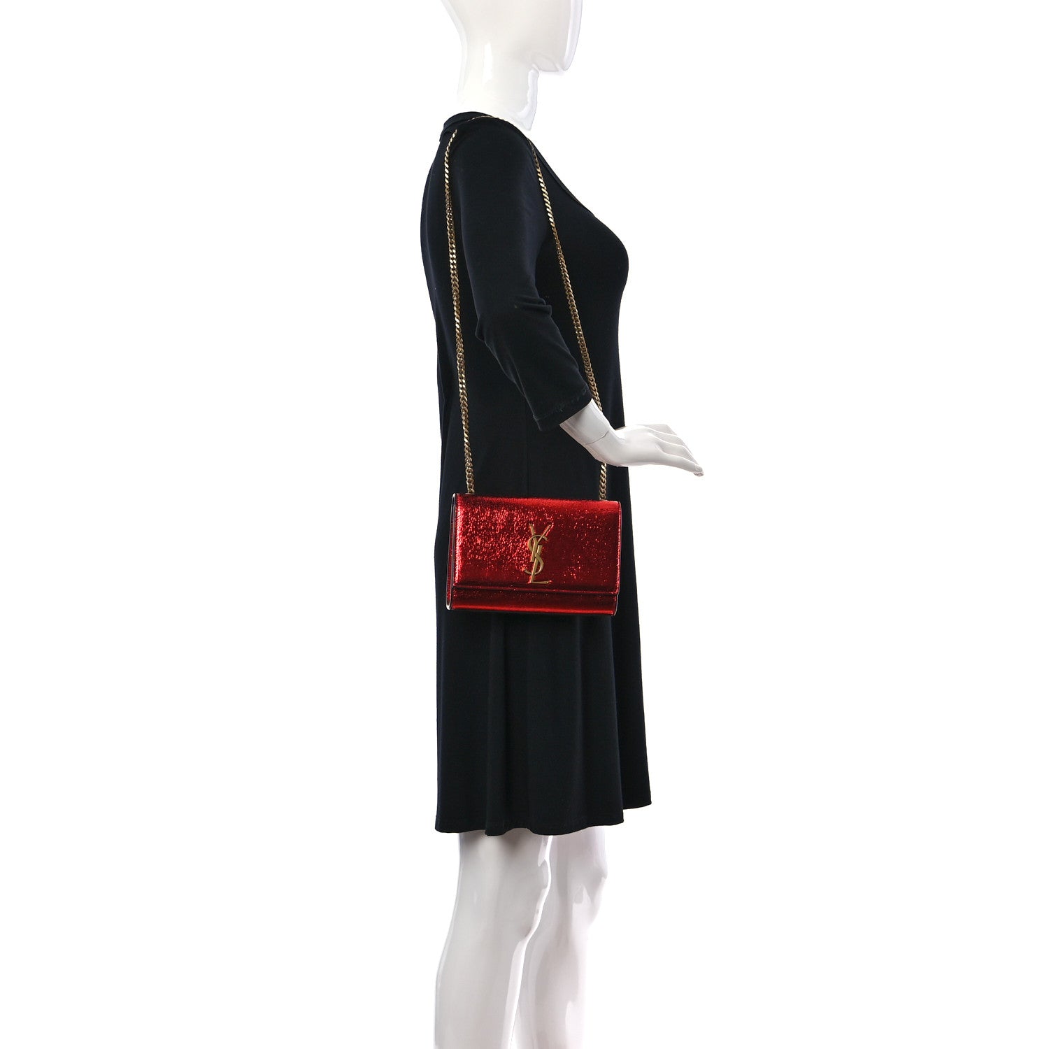 Saint Laurent Metallic Calfskin Small Classic Monogram Kate Satchel Red 2 of 10