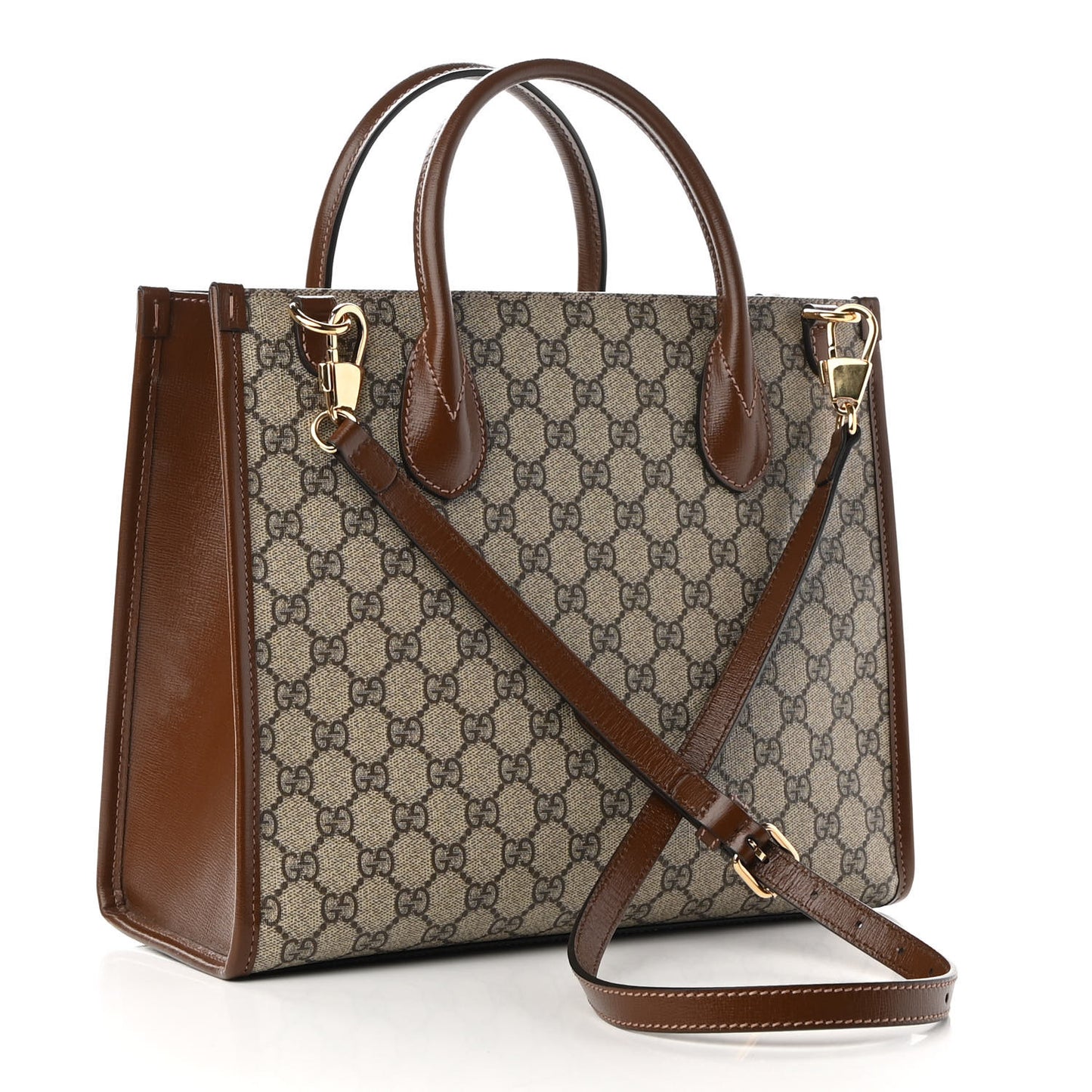 GG Supreme Monogram Azalea Calfskin Small Retro Interlocking G Tote Bag Beige Ebony Brown Sugar