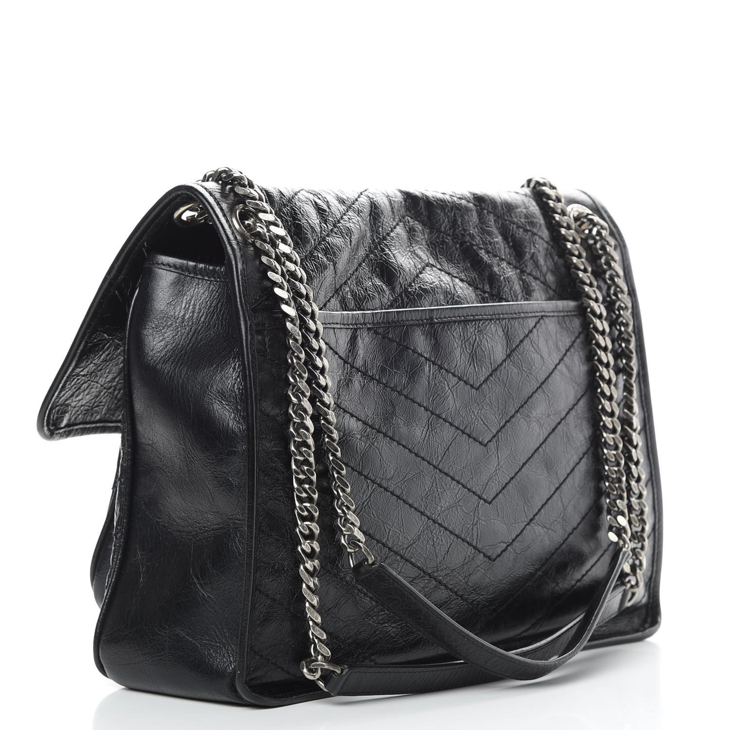 Crinkled Calfskin Matelasse Monogram Large Niki Chain Satchel Black