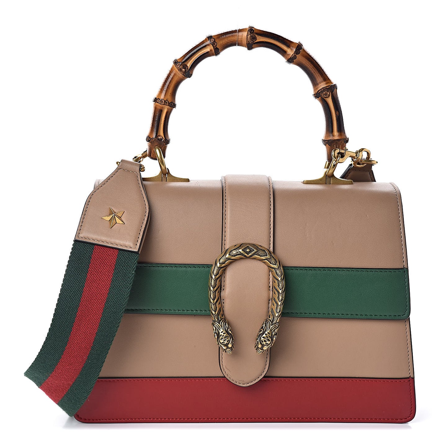 Calfskin Bamboo Web Medium Dionysus Top Handle Bag Camelia Bright Evergreen Hibiscus Red
