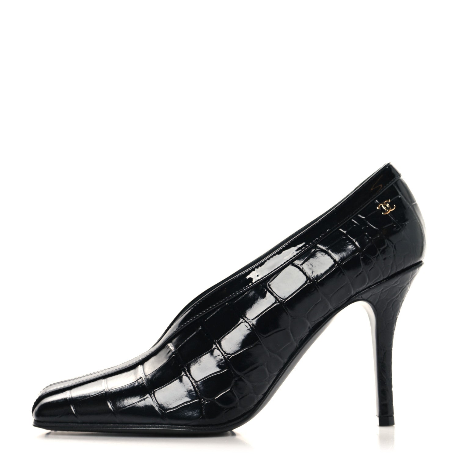 Chanel Crocodile Embossed Patent Calfskin Pumps 38.5 Black 2 of 20