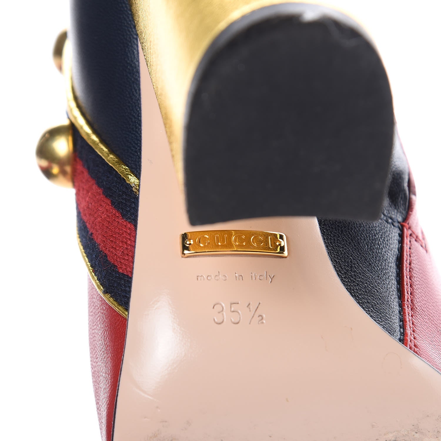 Gucci Malaga Kid Web Carly Mid Calf Boots 35.5 Hibiscus Red Oro Blue 6 of 10