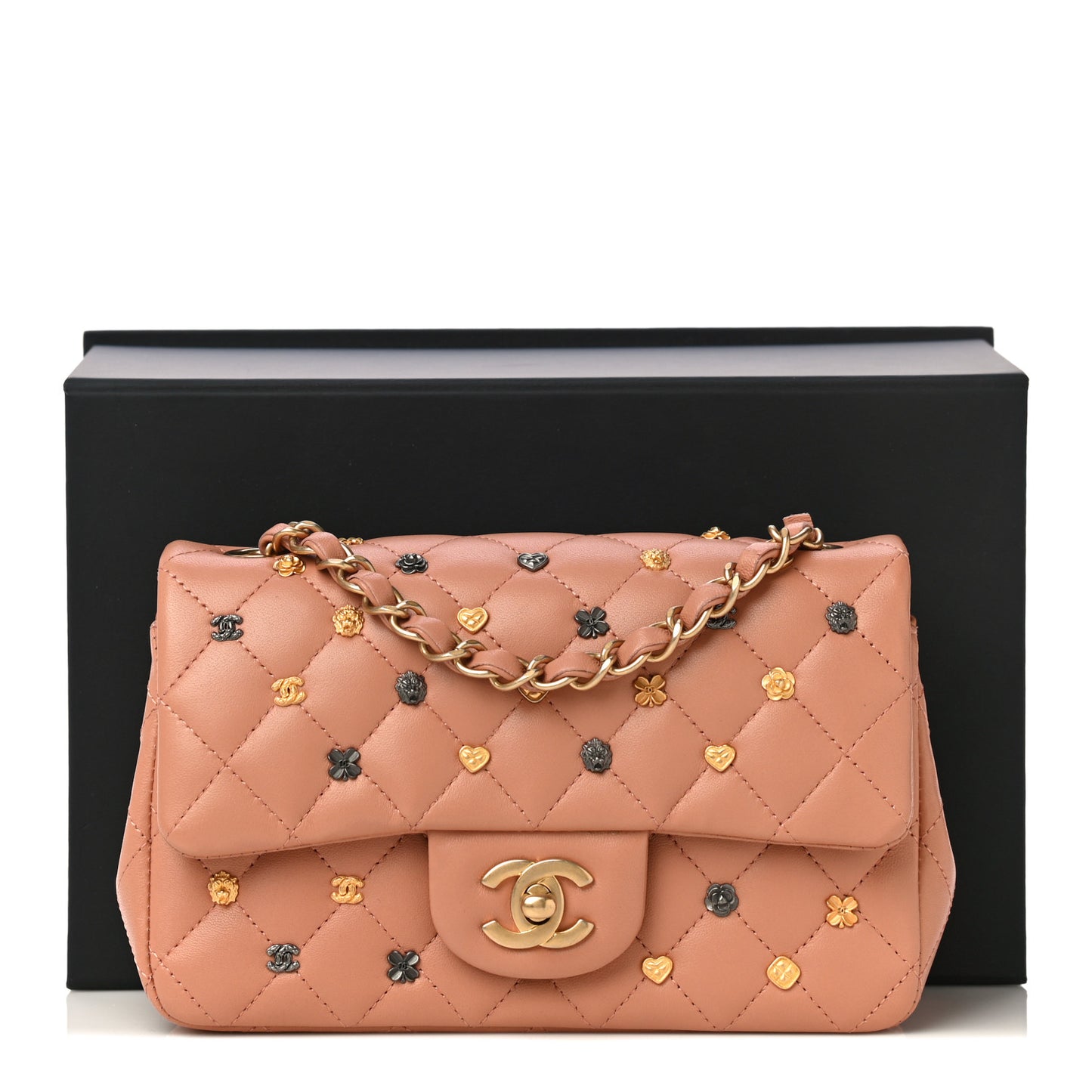 Lambskin Quilted Studded Mini Rectangular Flap Beige