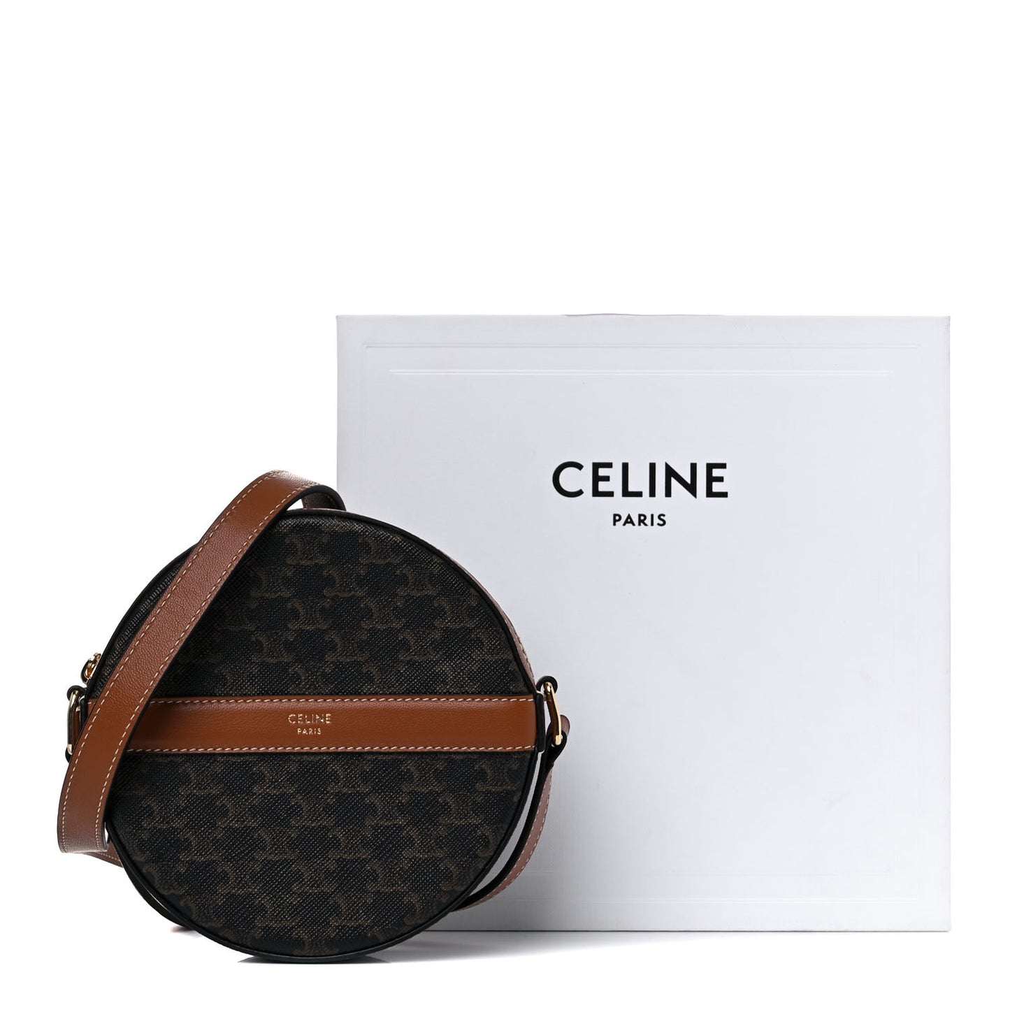 Lambskin Triomphe Canvas Round Purse On Strap Black Tan