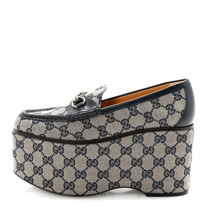 Gucci Canvas GG Monogram Horsebit Calfskin Womens Horsebit Platform Loafers 37.5 Beige Blue 1 of 10