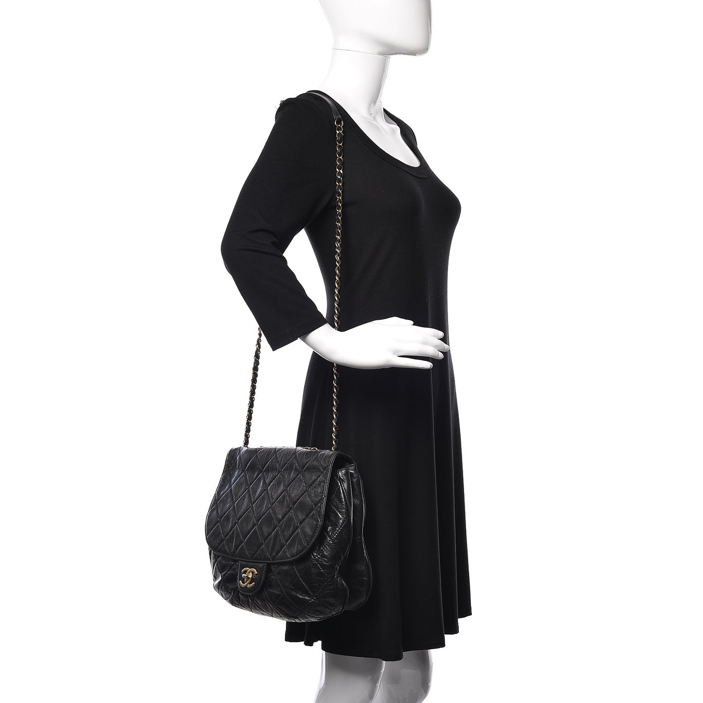 Aged Glazed Calfskin Quilted Large Bubble CC Flap Black