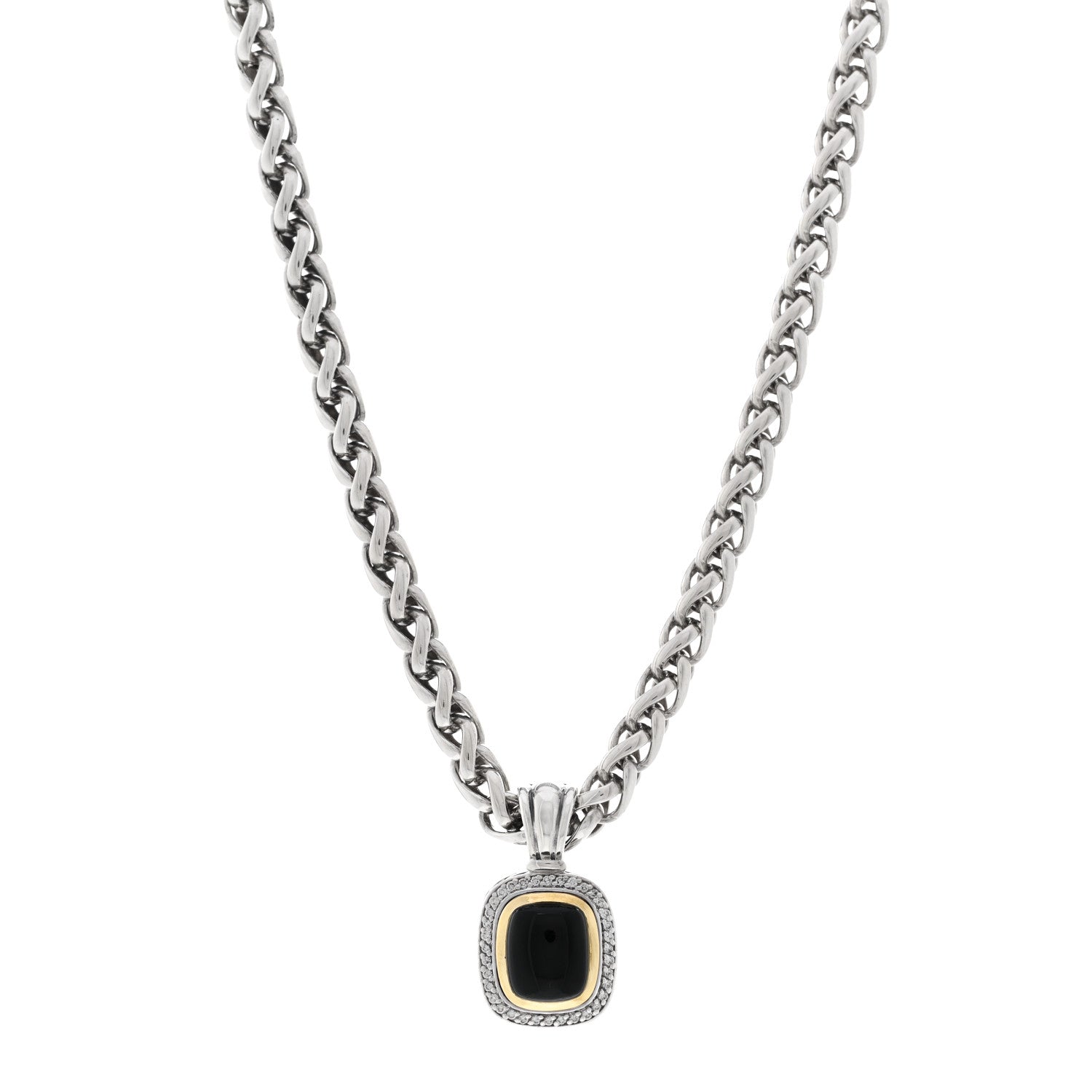 David Yurman Sterling Silver 18K Yellow Gold Diamond Black Onyx 12mm Albion Enhancer Pendant Wheat Chain Necklace 1 of 5