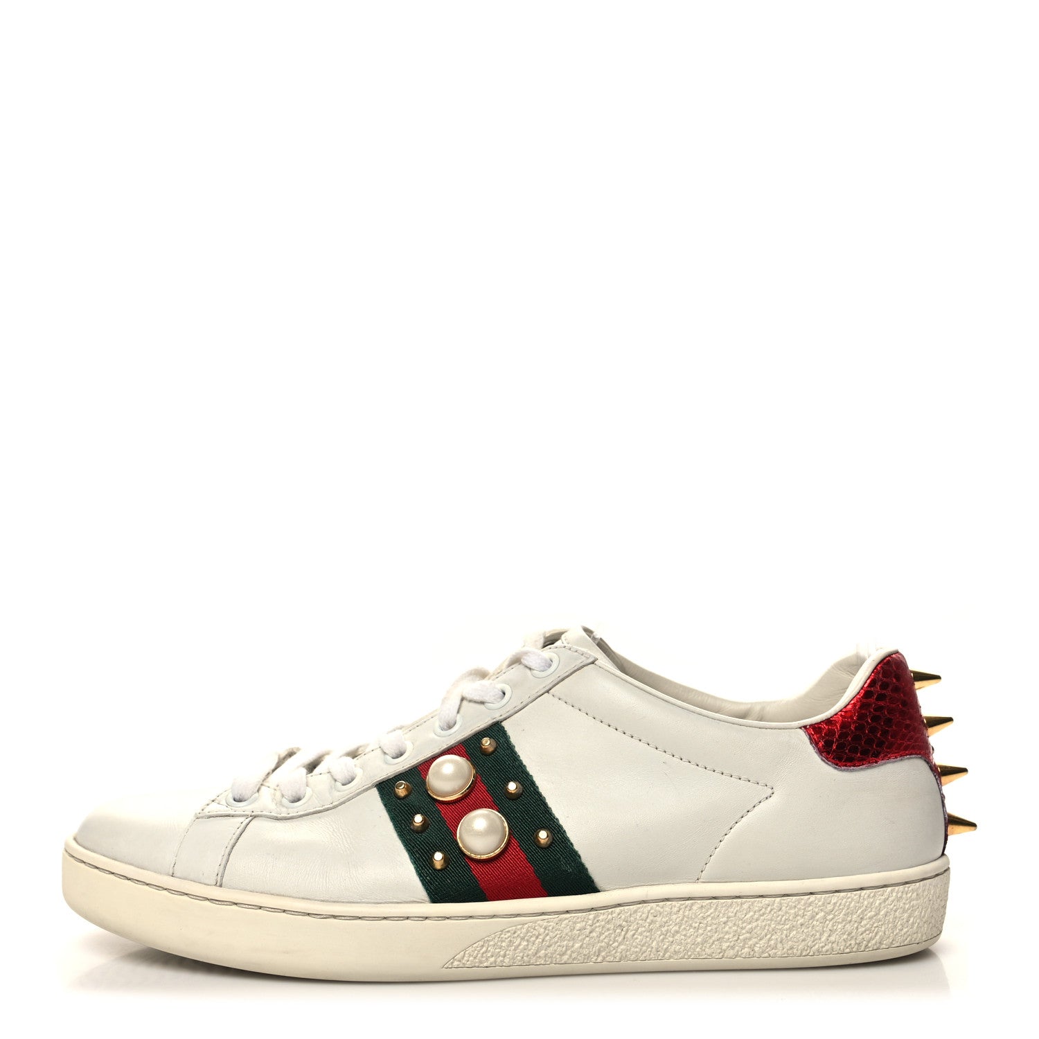 Gucci Calfskin Web Pearl Studded Womens Ace Sneakers 37.5 White 1 of 11