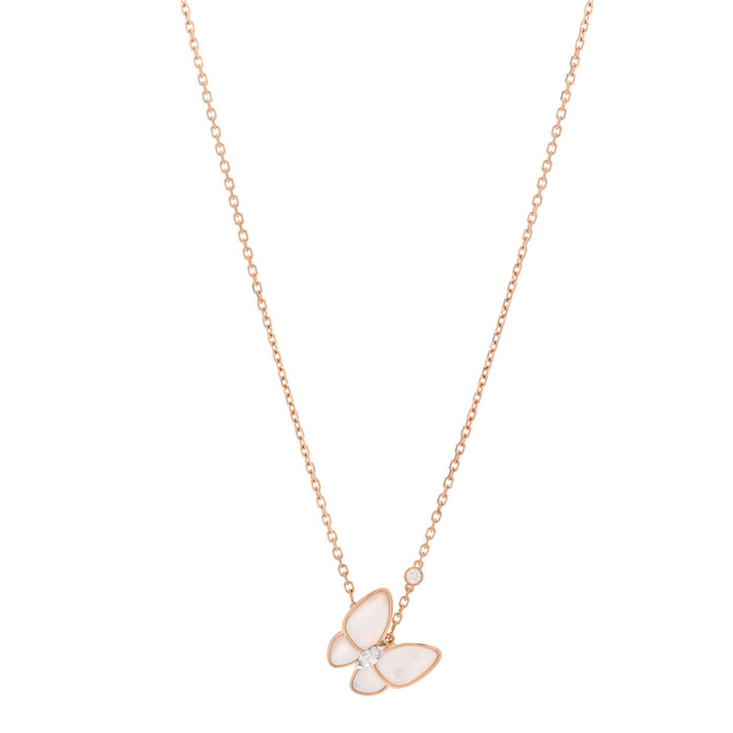 18K Rose Gold Diamond Mother of Pearl Two Butterfly Pendant Necklace