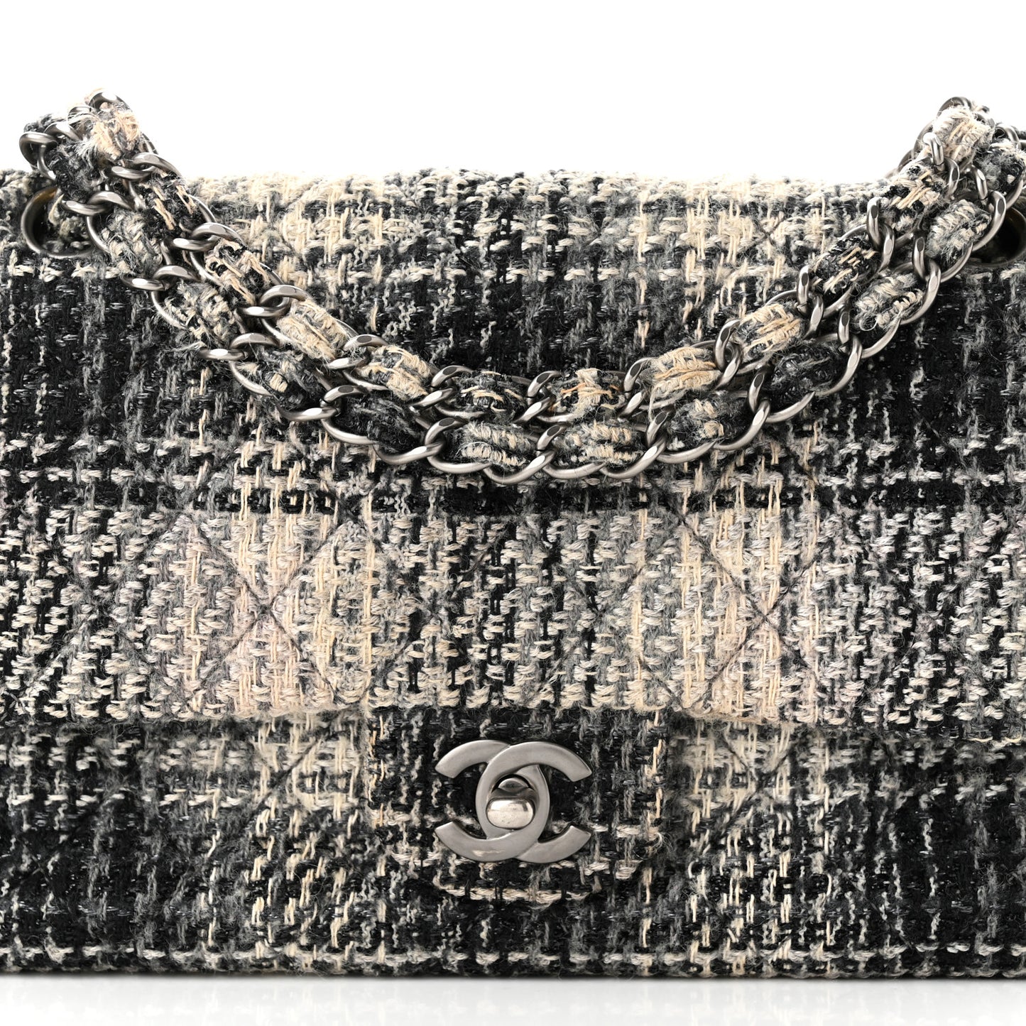 Tweed Quilted Medium Double Flap Beige White Black