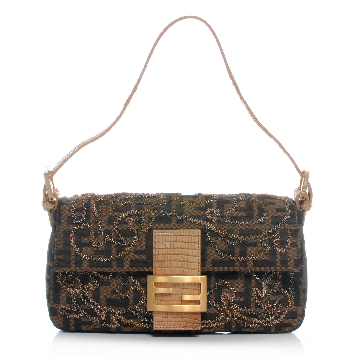 Fendi Zucca Lizard Beaded Baguette Tobacco 1 of 8