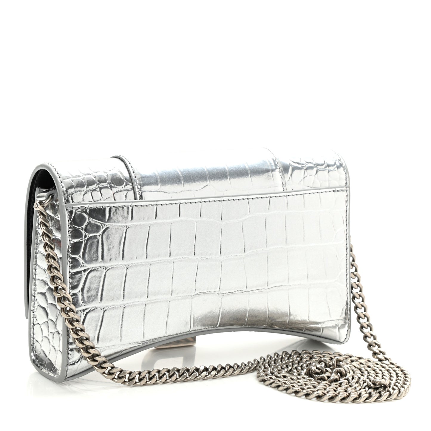 Metallic Calfskin Crocodile Embossed Hourglass Chain Bag Silver