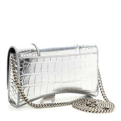 Balenciaga Metallic Calfskin Crocodile Embossed Hourglass Chain Bag Silver 3 of 9