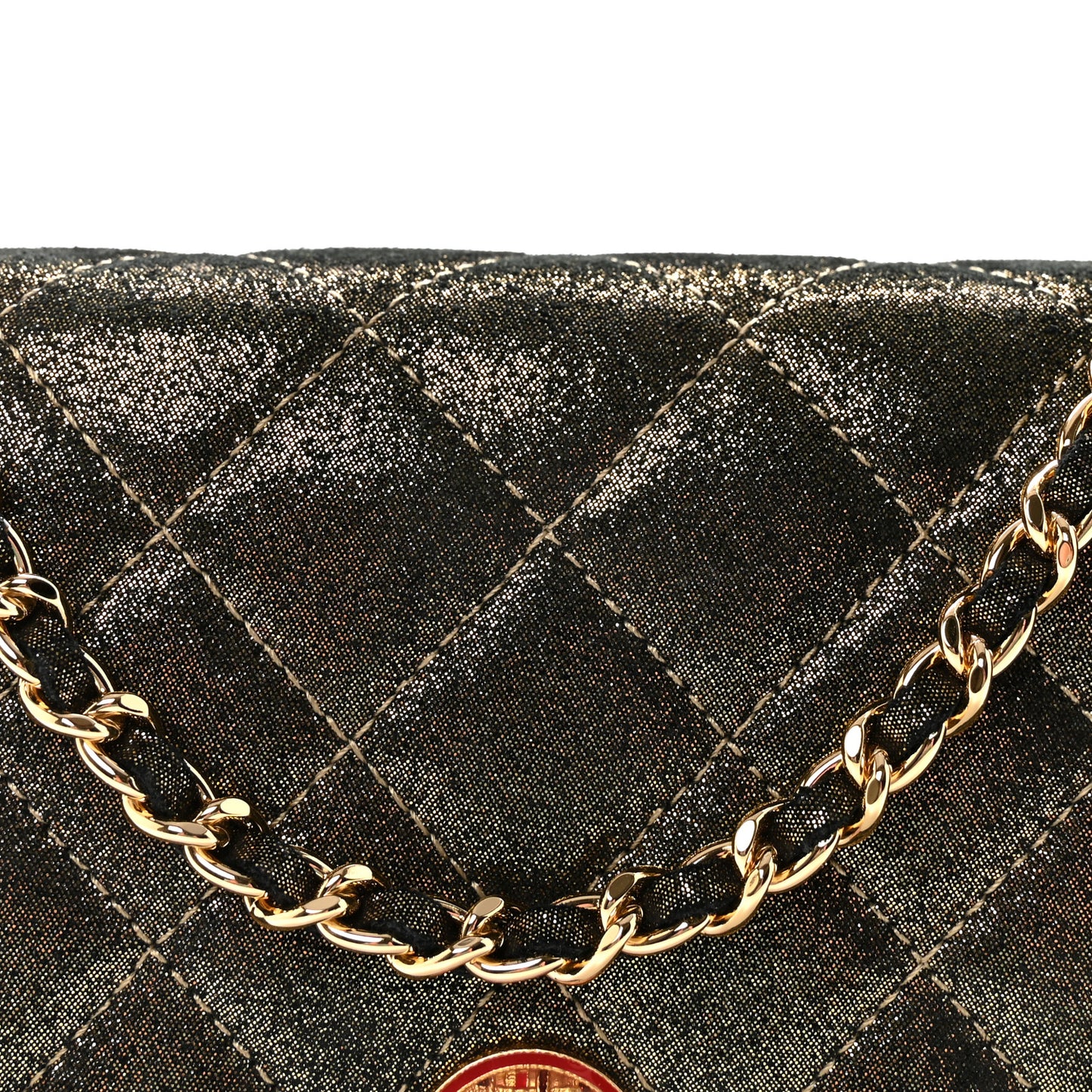Iridescent Calfskin Quilted Tartan Button Wallet on Chain WOC Gold