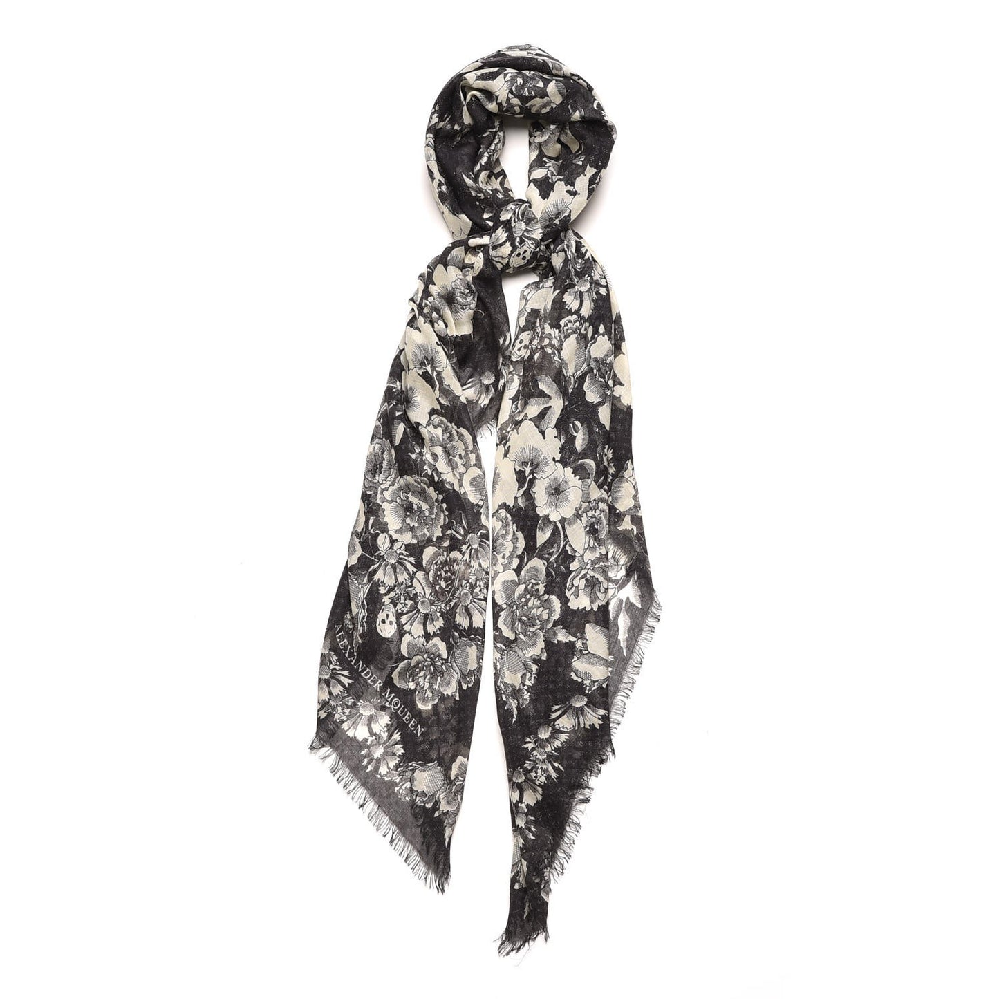 Silk Floral Eaten Logo Skull Scarf Ivory Black