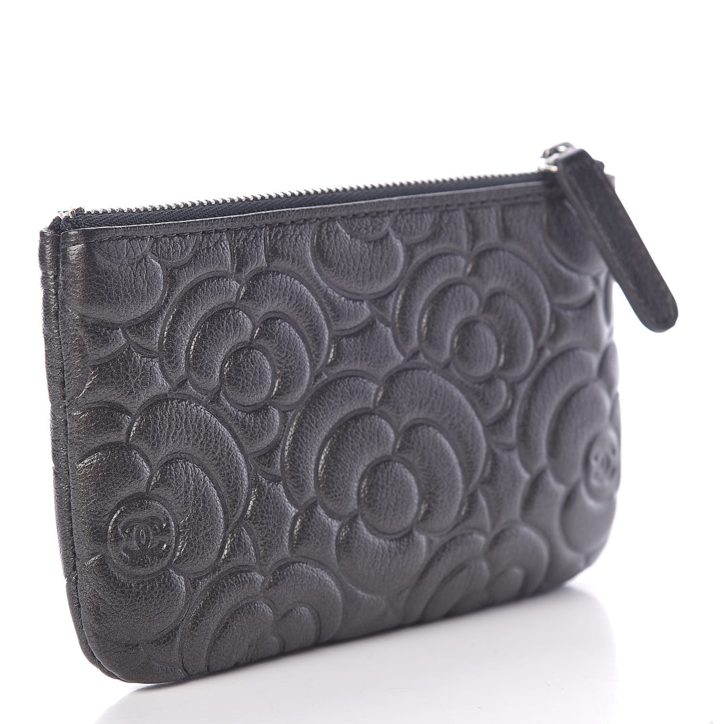 Goatskin Camellia Embossed Cosmetic Pouch Anthracite