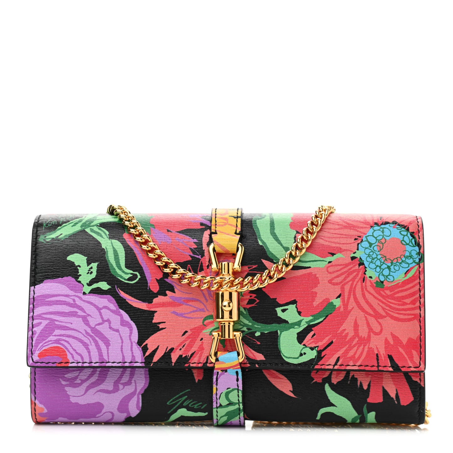X KEN SCOTT New Shangai Calfskin Jenny Floral Print Jackie 1961 Chain Wallet Black Pink