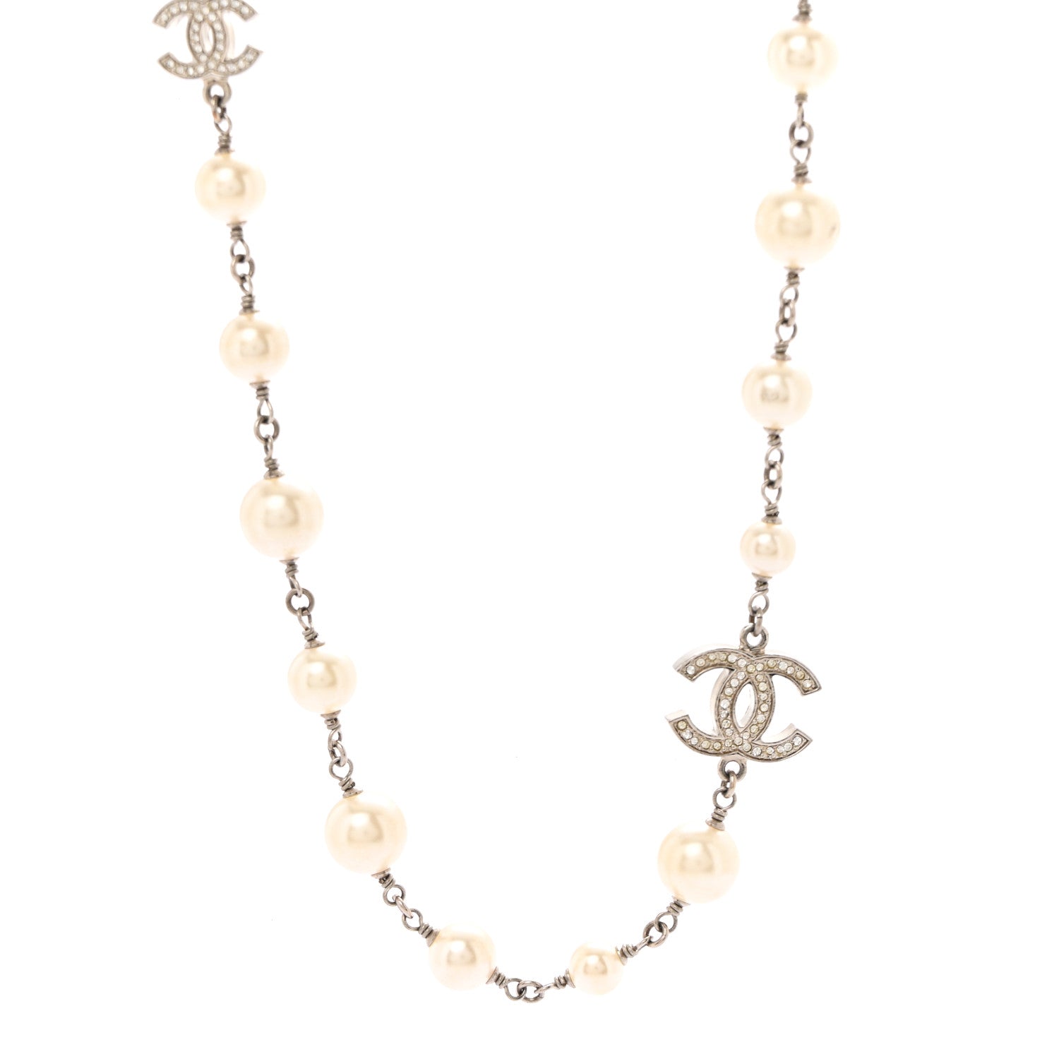 Chanel Graduated Pearl Crystal CC Long Necklace Silver 4 of 7