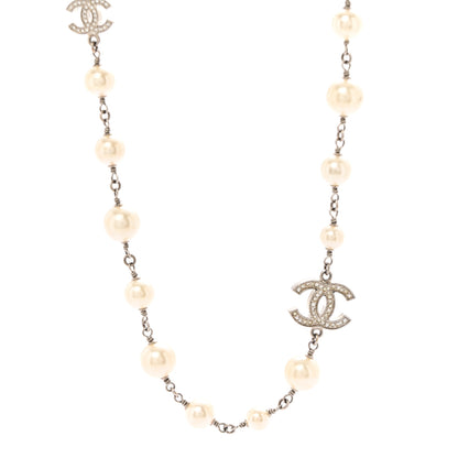 Chanel Graduated Pearl Crystal CC Long Necklace Silver 4 of 7
