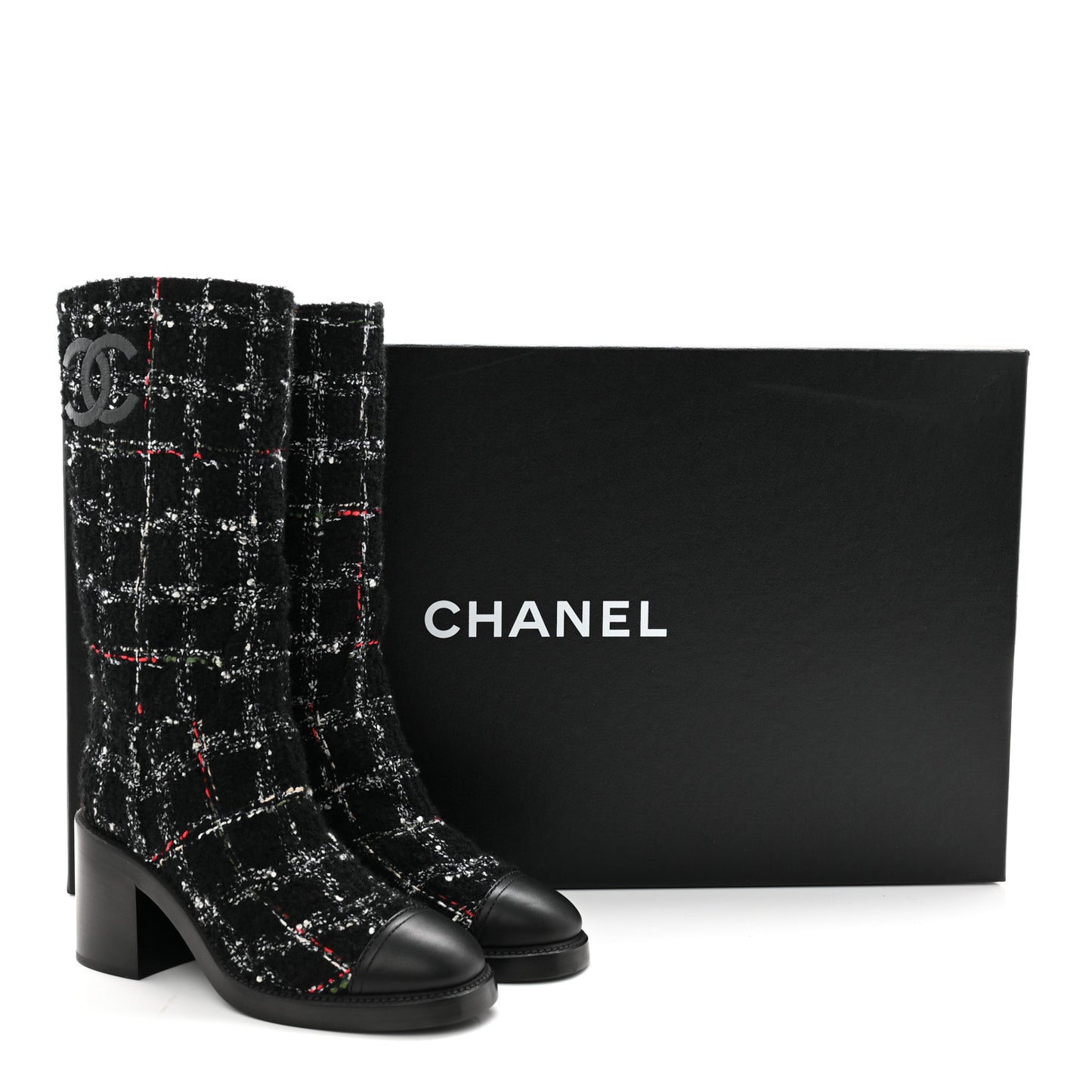 Wool Tweed Calfskin Cap Toe High Boots 38.5 Black Multicolor