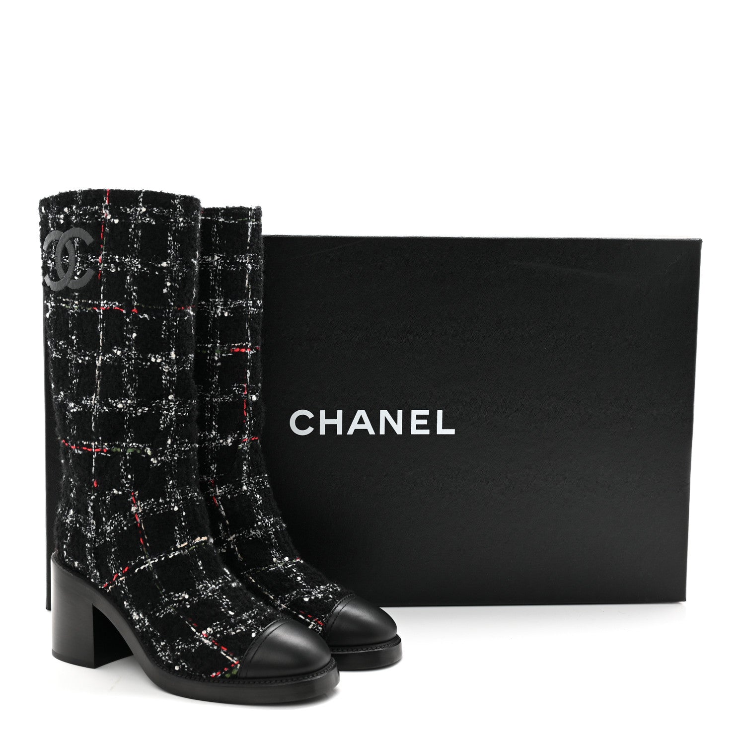 Chanel Wool Tweed Calfskin Cap Toe High Boots 38.5 Black Multicolor 10 of 10