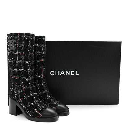 Chanel Wool Tweed Calfskin Cap Toe High Boots 38.5 Black Multicolor 10 of 10