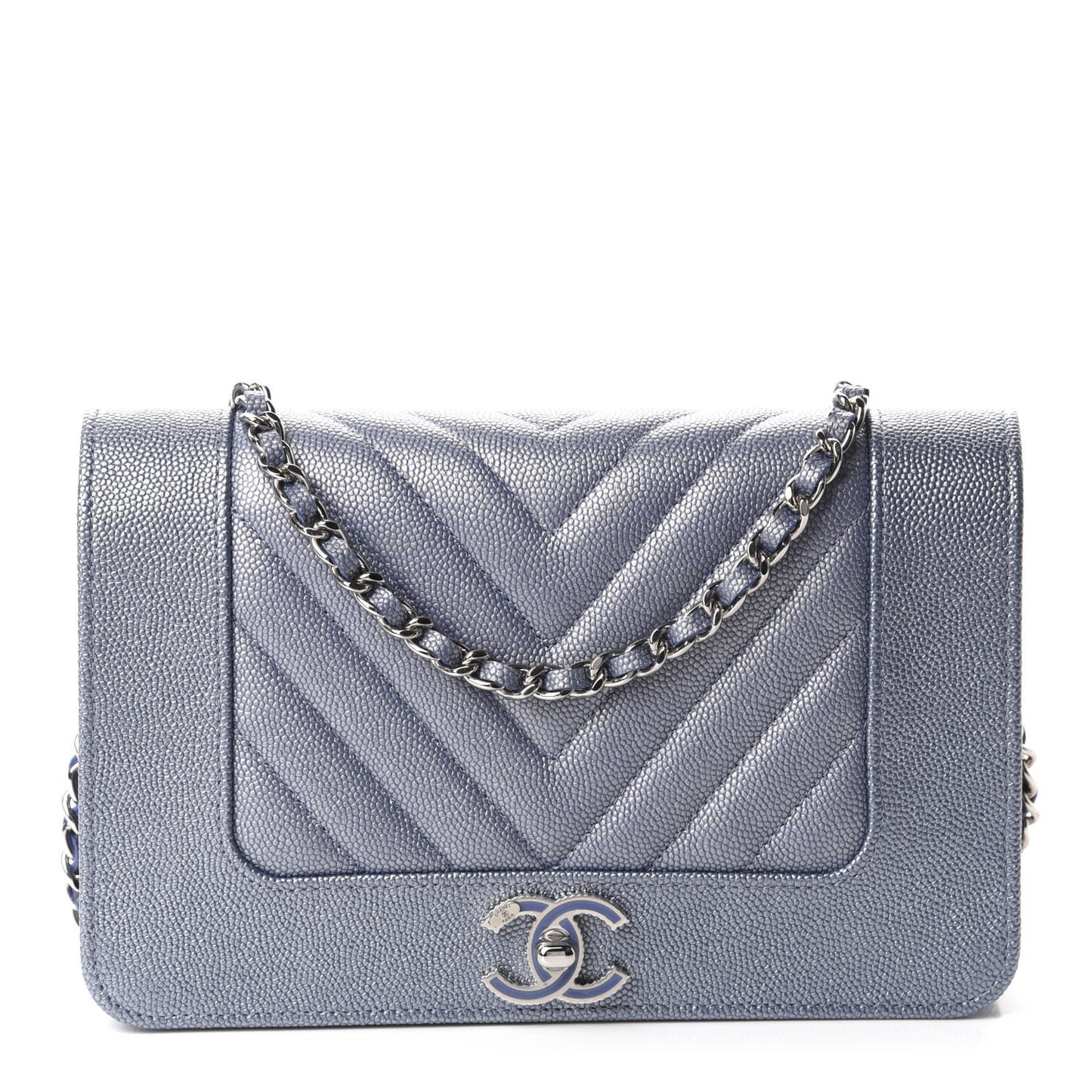 Metallic Caviar Chevron Quilted Vintage Mademoiselle Wallet On Chain WOC Blue