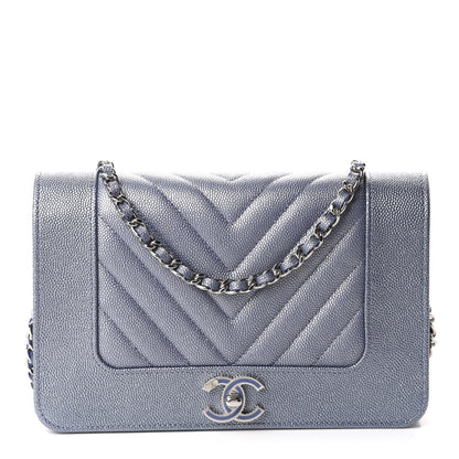 Chanel Metallic Caviar Chevron Quilted Vintage Mademoiselle Wallet On Chain WOC Blue 1 of 12